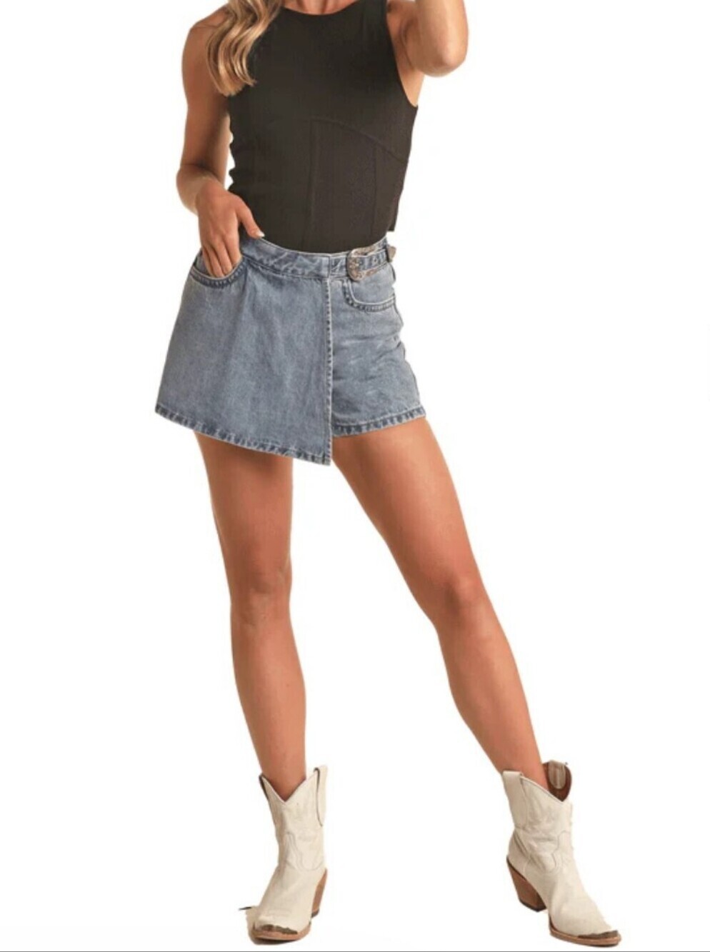 NWT Rock&Roll Denim Vintage-Inspired High Rise  Skort With Silver Buckle Sz 31